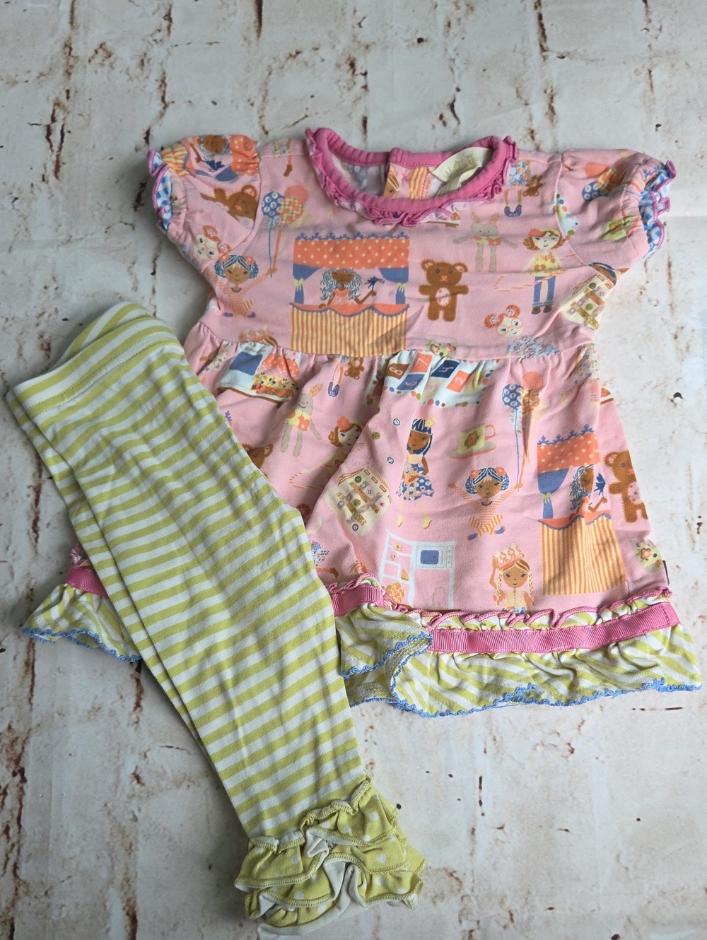 Pink Playful Print Shirt with Green Stripe Ruffle Leggings
